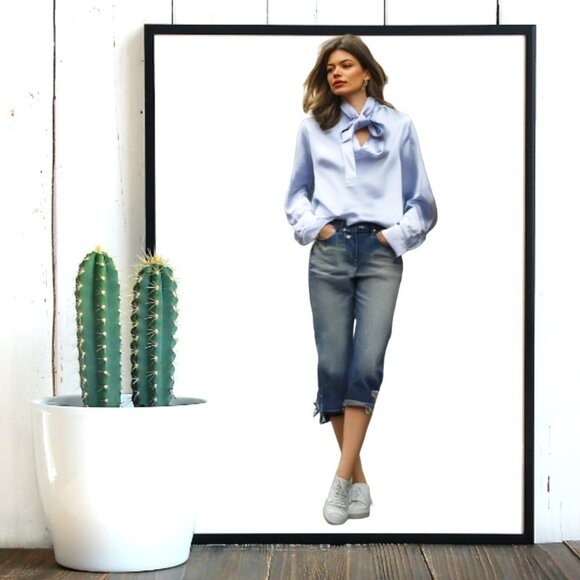 Valentino S.p.A Soft Powder Blue Chambray Long Sleeve Bow Blouse, Size 4 - Picture 1 of 10